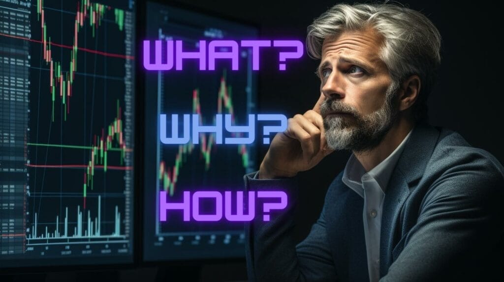 A man thingking about questions, while looking at the trading patterns.