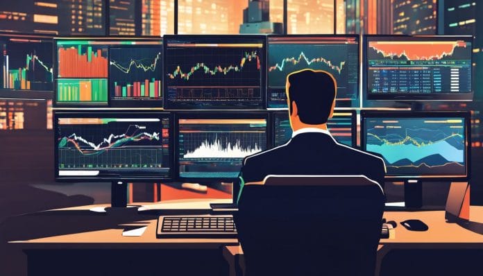 A trader analyzes charts in a bustling stock exchange with intense concentration.