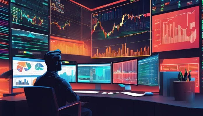 A trader analyzing crypto market trends in a bustling stock exchange.