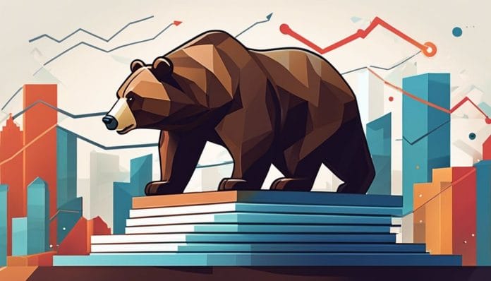 A bear figurine stands on a falling stock chart, cityscape in the background, symbolizing financial crisis and resilience.