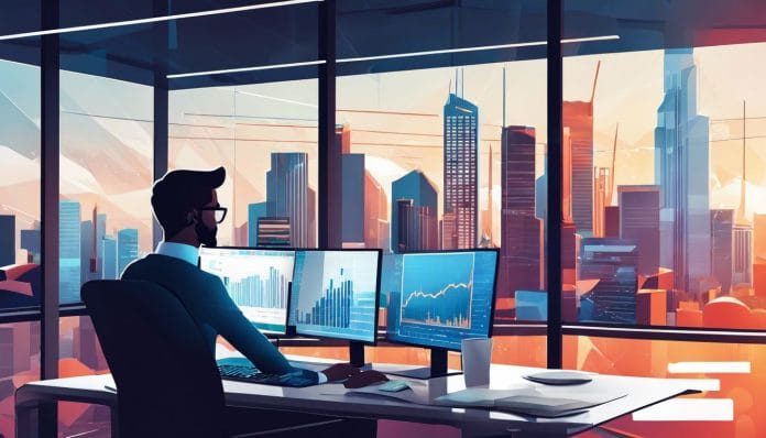 A person analyzing cryptocurrency charts in a modern office overlooking a city.