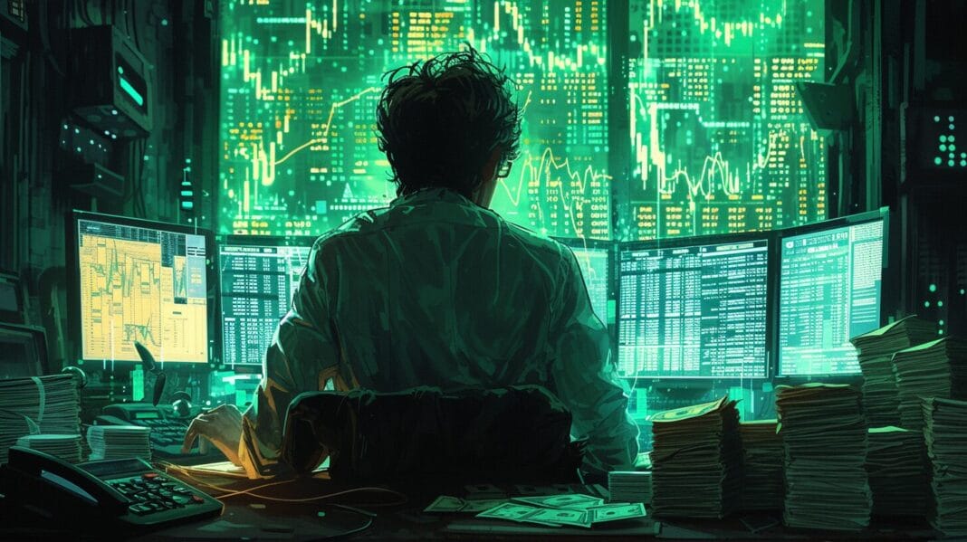 Busy stock market screen, cash stacks, thoughtful trader silhouette
