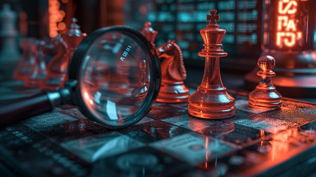 Chessboard, magnifying glass, money tree, stock market graphs background