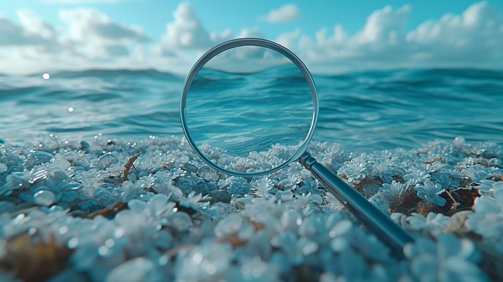 Magnifying glass over small floating stocks, vast stocks in background.